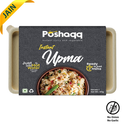 Poshaqq JAIN| Ready to Eat Upma – Instant South Indian Breakfast with Semolina (Rava), Veggies & Spices | Healthy, High-Fiber, No Preservatives | Quick Cooking, Travel-Friendly Indian Snack (60 (Gram) Pack of 1)