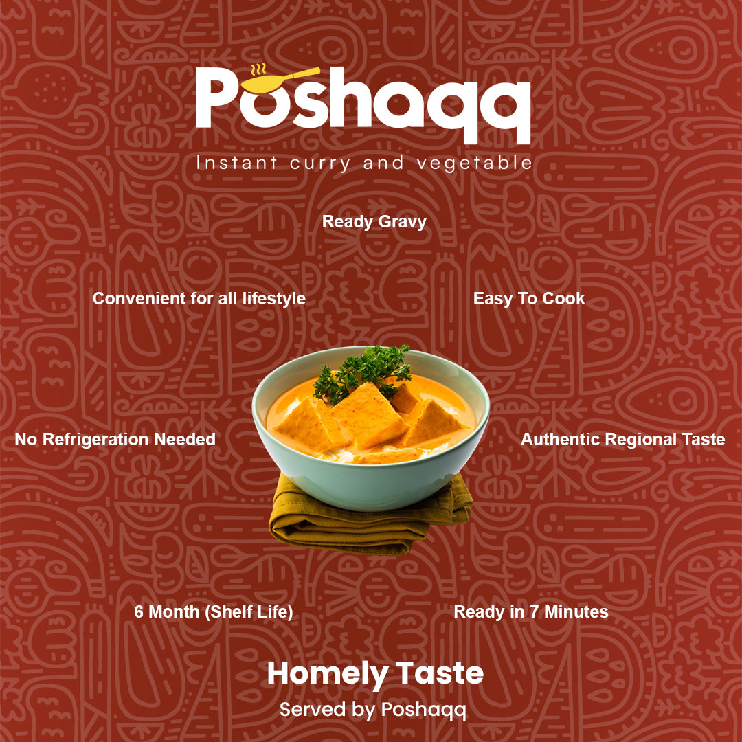 Poshaqq | Paneer Butter Masala Gravy | Ready to Cook | No Preservatives | Vegetarian | After Cooking 350GM to Serve | Easy to Make Food | 2 Servings | 75 grams (Pack of 1)